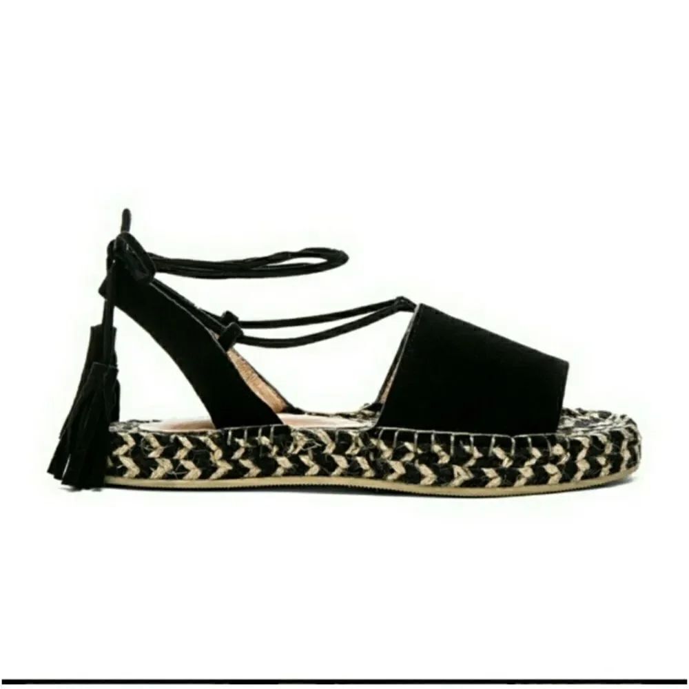 Revole Raye Espadrilles Black Leather Suede Lace up Tassel Detail Size 8.5